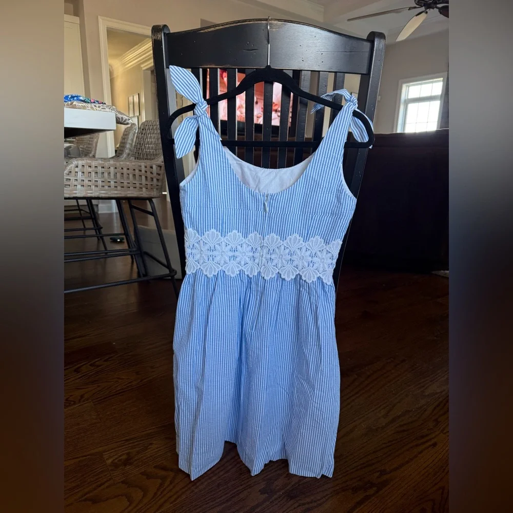 Lilly Pulitzer Blue and White Striped Tie-Shoulder Dress with White Lace Waist - Picture 2 of 3